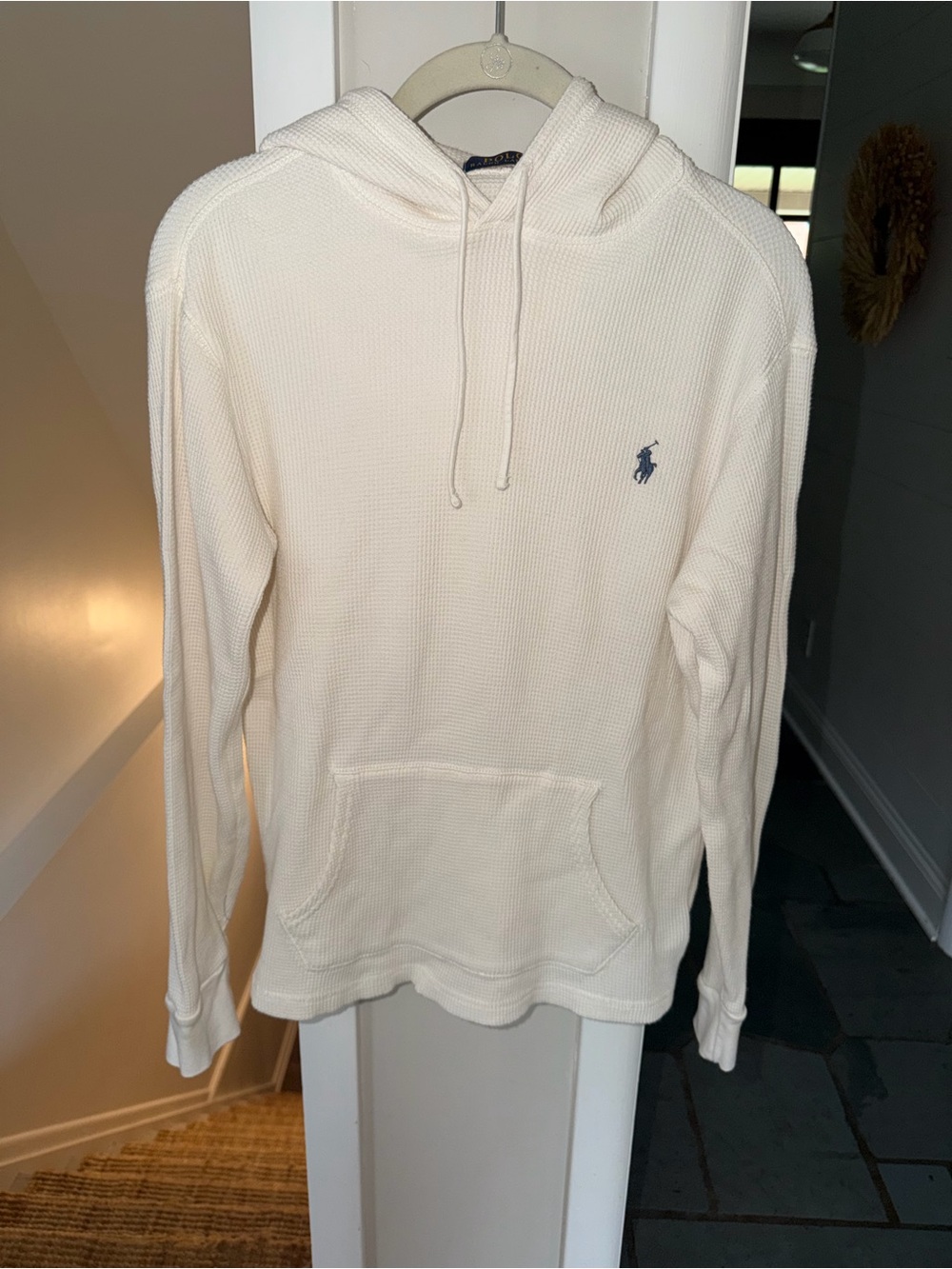 Ralph Lauren Cream Waffle-Knit Hoodie with Navy Pony